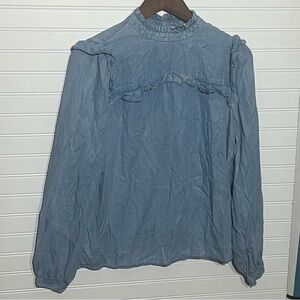 LOFT Outlet Dusty Blue Ruffle Yoke Long Sleeve Blouse Size Small